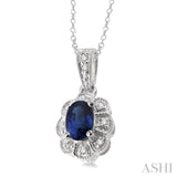 Silver Oval Shape Gemstone & Diamond Pendant