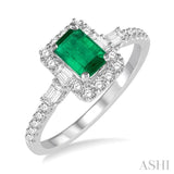 6x4 MM Octagon Cut Emerald and 1/2 Ctw Round Cut Diamond Ring in 14K White Gold