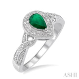 6x4 mm Pear Shape Emerald and 1/50 Ctw Round Cut Diamond Ring in Sterling Silver