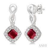 4x4 MM Cushion Cut Ruby and 1/5 Ctw Round Cut Diamond Earrings in 14K White Gold