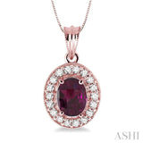8x6mm Oval Cut Rhodolite Garnet and 1/3 Ctw Round Cut Diamond Pendant in 14K Rose Gold with Chain