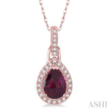 7x5 MM Pear Shape Rhodolite Garnet and 1/10 Ctw Round Cut Diamond Pendant in 10K Rose Gold with Chain
