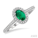 1/5 Ctw Oval Shape 6x4mm Emerald & Round Cut Diamond Precious Ring in 10K White Gold