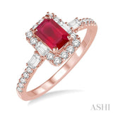 6x4 MM Octagon Cut Ruby and 1/2 Ctw Round Cut Diamond Ring in 14K Rose Gold