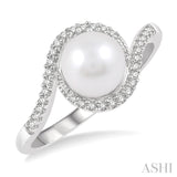 1/10 Ctw 7x7mm White Cultured Pearl & Round Cut Diamond Ring in 10K White Gold