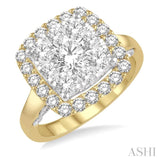 2 Ctw Cushion Shape Lovebright Round Cut Diamond Cluster Ring in 14K Yellow and white gold