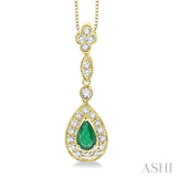 6x4MM Pear Shape Emerald and 1/4 Ctw Round Cut Diamond Pendant in 14K Yellow Gold with Chain