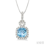 7mm Cushion Cut Aquamarine and 3/8 Ctw Round Cut Diamond Pendant in 14K White Gold with Chain