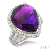 16x13mm Pear Shape Amethyst and 1/3 Ctw Round Cut Diamond Ring in 14K White Gold