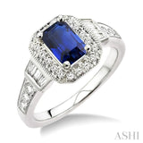 7x5mm Octagon Cut Sapphire and 1/2 Ctw Round & Baguette Cut Diamond Ring in 14K White Gold