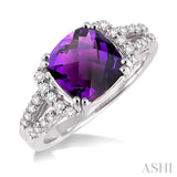 8x8MM Cushion Cut Amethyst and 1/4 Ctw Round Cut Diamond Ring in 14K White Gold