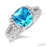 8x8MM Cushion Cut Blue Topaz and 1/4 Ctw Round Cut Diamond Ring in 14K White Gold