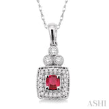 4x4MM Cushion Cut Ruby and 1/5 Ctw Round Cut Diamond Pendant in 14K White Gold with Chain
