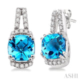 7x7mm Cushion Cut Blue Topaz and 1/4 Ctw Round Cut Diamond Earrings in 14k White Gold