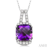 8x8mm Cushion Cut Amethyst and 1/5 Ctw Round Cut Diamond Pendant in 14K White Gold with Chain