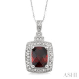 9x7MM Cushion Cut Garnet and 1/10 Ctw Single Cut Diamond Pendant in Sterling Silver with Chain