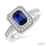 6x4 MM Octagon Cut Sapphire and 1/4 Ctw Round Cut Diamond Ring in 14K White Gold