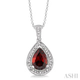 10x7 MM Pear Shape Garnet and 1/20 Ctw Single Cut Diamond Pendant in Sterling Silver with chain