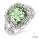 10x10 mm Cushion Cut Green Amethyst and 1/20 ctw Single Cut Diamond Ring in Sterling Silver