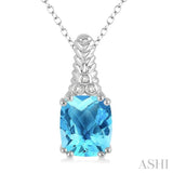12x10 MM Cushion Checker Blue Topaz and 1/50 Ctw Round Cut Diamond Pendant in Sterling Silver with Chain
