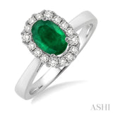 6x4 MM Oval Cut Emerald and 1/6 Ctw Round Cut Diamond Ring in 14K White Gold