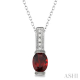 8x6 mm Oval Cut Garnet and 1/50 Ctw Single Cut Diamond Pendant in Sterling Silver with Chain