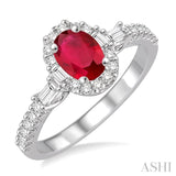 6x4 MM Oval Shape Ruby and 3/8 Ctw Diamond Ring in 14K White Gold