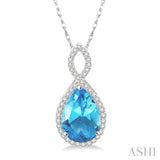 1/4 Ctw Round Cut Diamond and Entwined Pear Cut 12x8mm Blue Topaz Semi Precious Pendant in 10K White Gold with chain