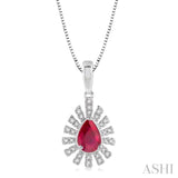 1/8 ctw Bar Accent Pear Shape 6x4mm Ruby & Round Cut Diamond Precious Pendant With Chain in 10K White Gold