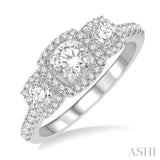 1 ctw Cushion Shape Past, Present & Future Diamond Engagement Ring With 3/8 ctw Round Cut Center Stone in 14K White Gold