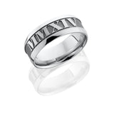 Cobalt Chrome 8mm wide bevel band with customized laser carved Roman Numerals