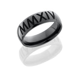 Zirconium 7mm domed band with customized laser carved Roman Numerals