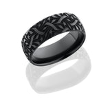 Zirconium 8mm domed band with a laser carved Escher 2 design