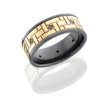 Zirconium 8mm flat band with 6mm 14KY with Versailles pattern and eight .04ct black diamonds