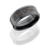 Zirconium 9mm Flat Band with 5mm of Carbon Fiber and Grooved Edges