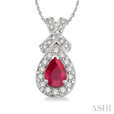 7x5mm Pear Shape Ruby and 1/2 Ctw Round Diamond Pendant in 14K White Gold with chain