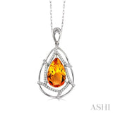 10x7mm Pear Shape Citrine and 1/5 Ctw Round Cut Diamond Pendant in 14K White Gold with Chain