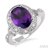 10x8mm Oval Cut Amethyst and 1/6 Ctw Round Cut Diamond Ring in 14K White Gold