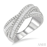 1 1/4 ctw Split Cross Over Baguette and Round Cut Diamond Fusion Fashion Ring in 14K White Gold