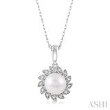 1/10 ctw Sunflower 7x7MM Pearl and Round Cut Diamond Pendant With Chain in 10K White Gold