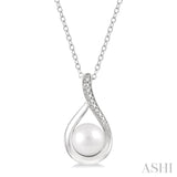 1/50 ctw Drop Shape Round Cut Diamond & 7x7MM White Pearl Pendant With Chain in Silver