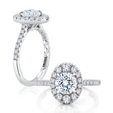 Oval Shaped Halo Round Center Diamond Engagement RIng with Pave Band and Quilted Interior
