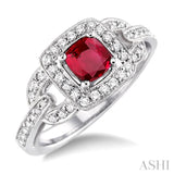 5x5mm Cushion Cut Ruby and 1/2 Ctw Round Cut Diamond Ring in 14K White Gold