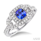 5x5mm Cushion Cut Tanzanite and 1/2 Ctw Round Cut Diamond Ring in 14K White Gold