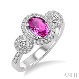 7x5MM Oval Cut Pink Sapphire and 1/2 Ctw Round Cut Diamond Ring in 14K White Gold