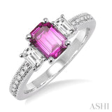 7x5 MM Octagon Cut Pink Sapphire and 1/2 Ctw Round Cut Diamond Ring in 14K White Gold