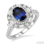 3/4 ctw Oval Shape 8x6MM Sapphire, Baguette and Round Cut Diamond Precious Ring in 14K White Gold