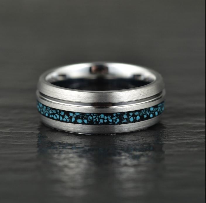 Crushed Turquoise Grey Tungsten Men's Wedding Band 8MM