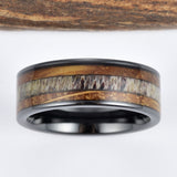 Whisky Barrel Wood Antler Black Ceramic Ring Men's Wedding Band 8MM